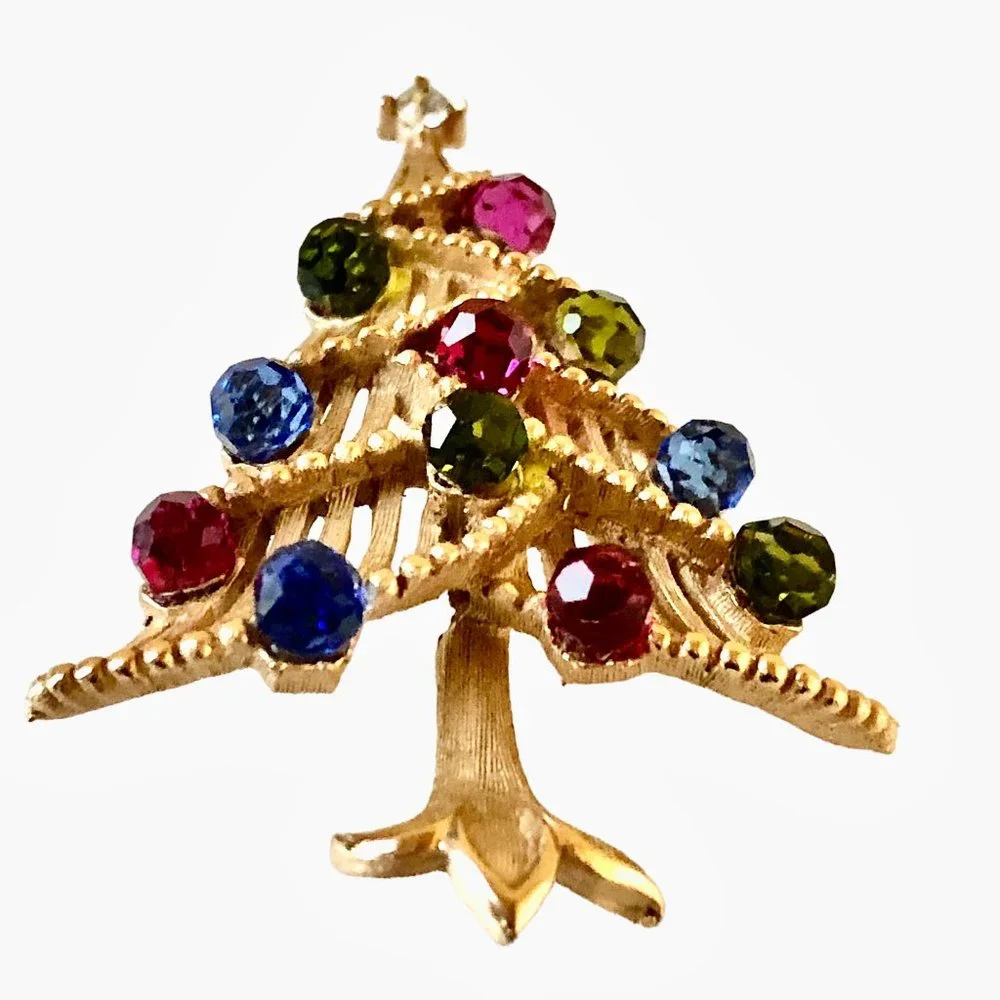 Trifari Vintage Crown Goldtone Multi-Color Rhinestone Christmas Tree Brooch